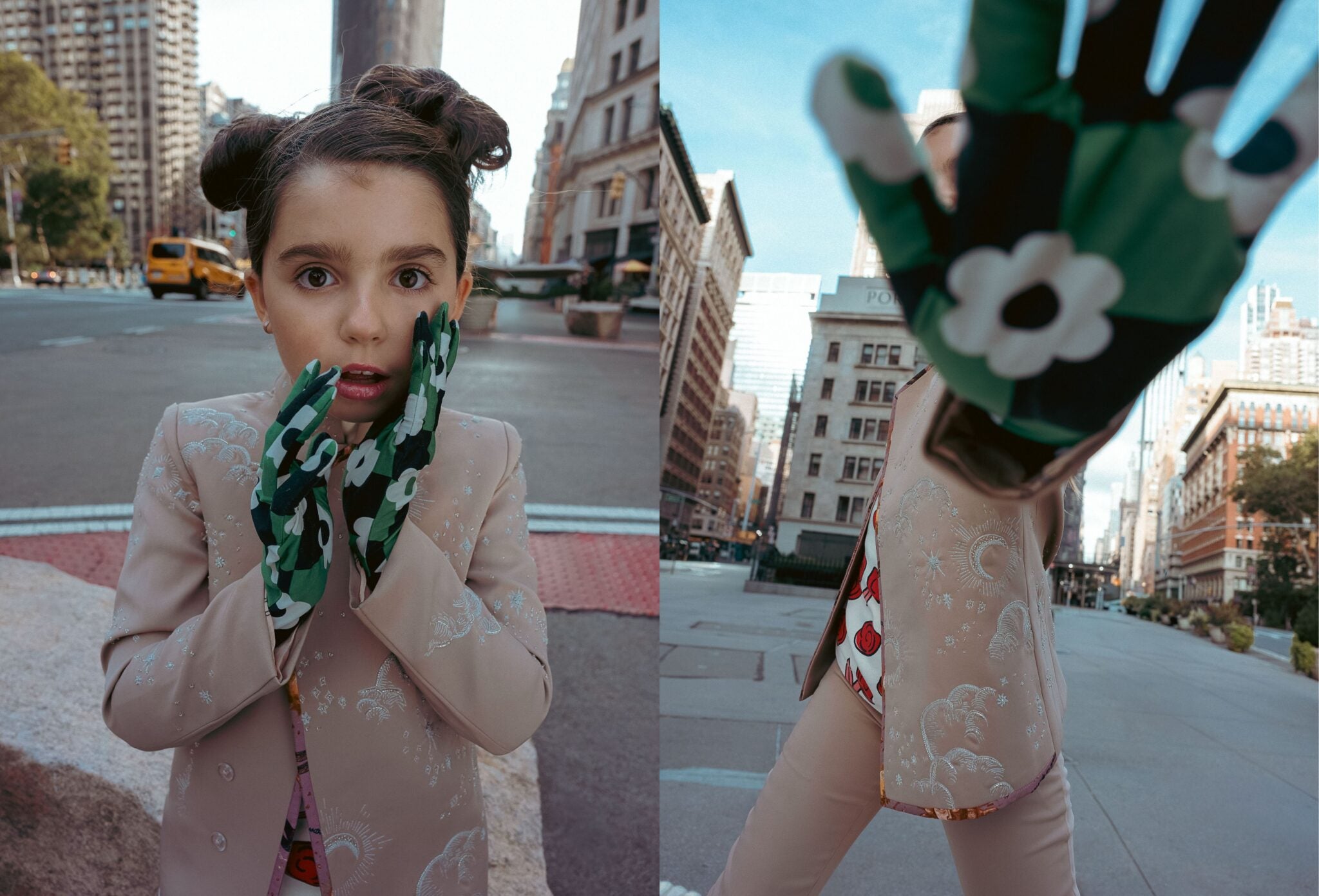 Alessia wearing Rhyme Kids blush embroidered suit with green gloves on a New York avenue — Scimparello Magazine The City Above Us editorial