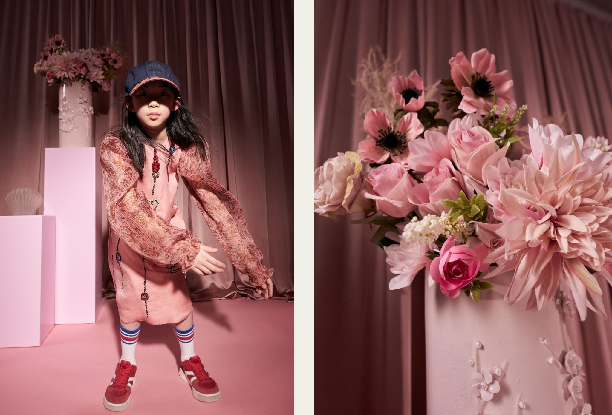 Liv in Rhyme Kids dress with vintage cap, striped socks and red sneakers in the PROM studio editorial — Scimparello Magazine