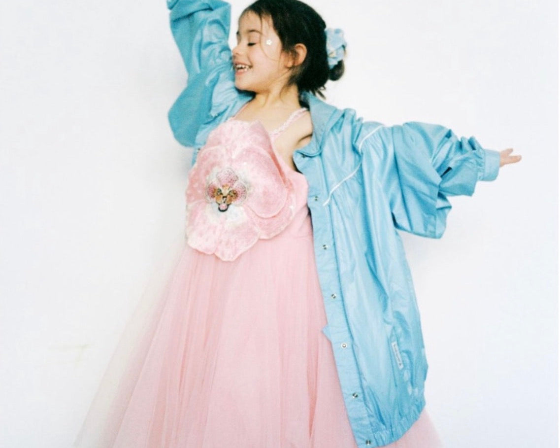 Estella dress with blue denim jacket editorial — Rhyme Kids in Milk Magazine Paris