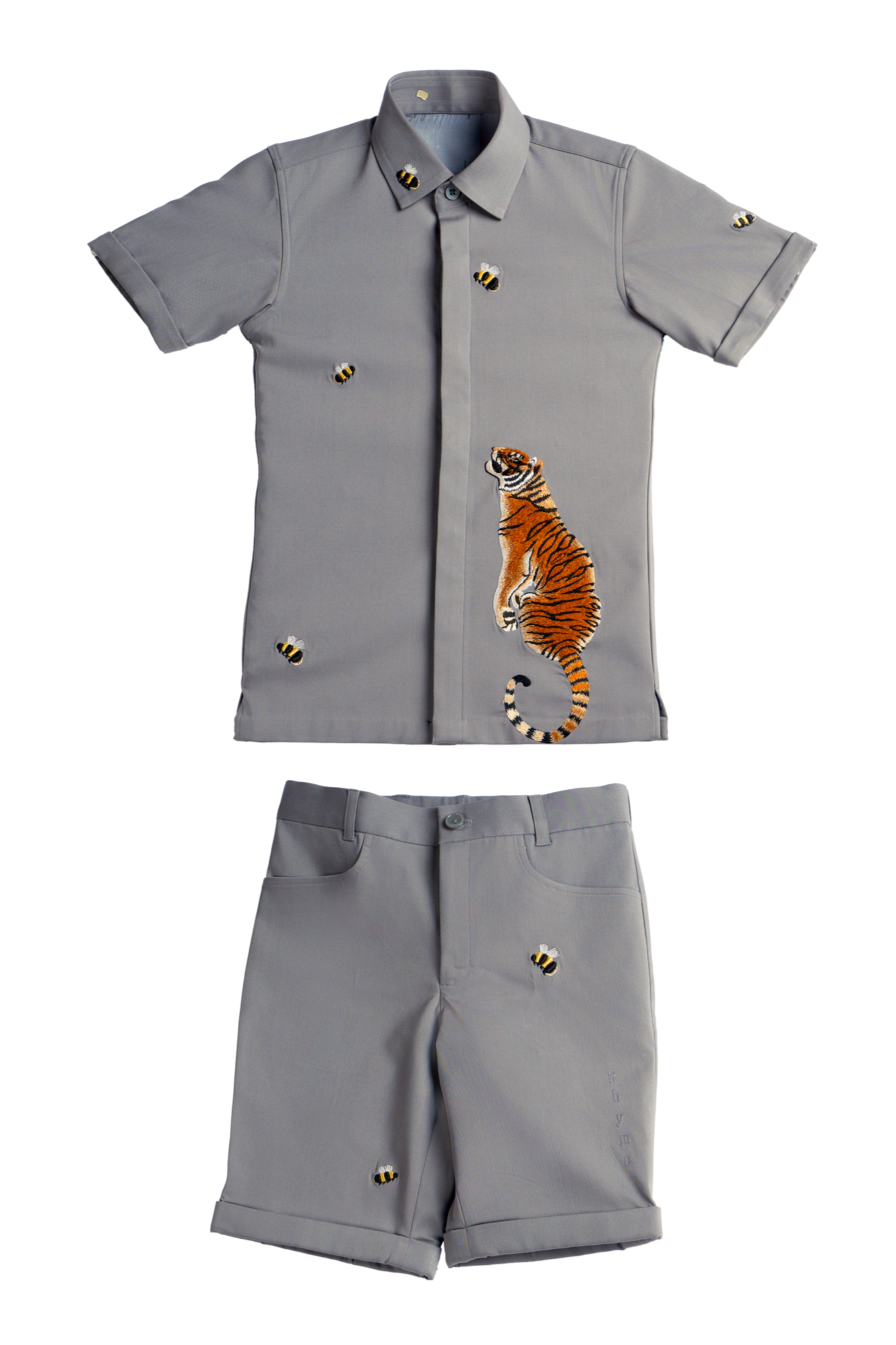 Amos pebble grey hand-embroidered cotton boys co-ord set with Bengal tiger and honeybee motifs — Rhyme Kids