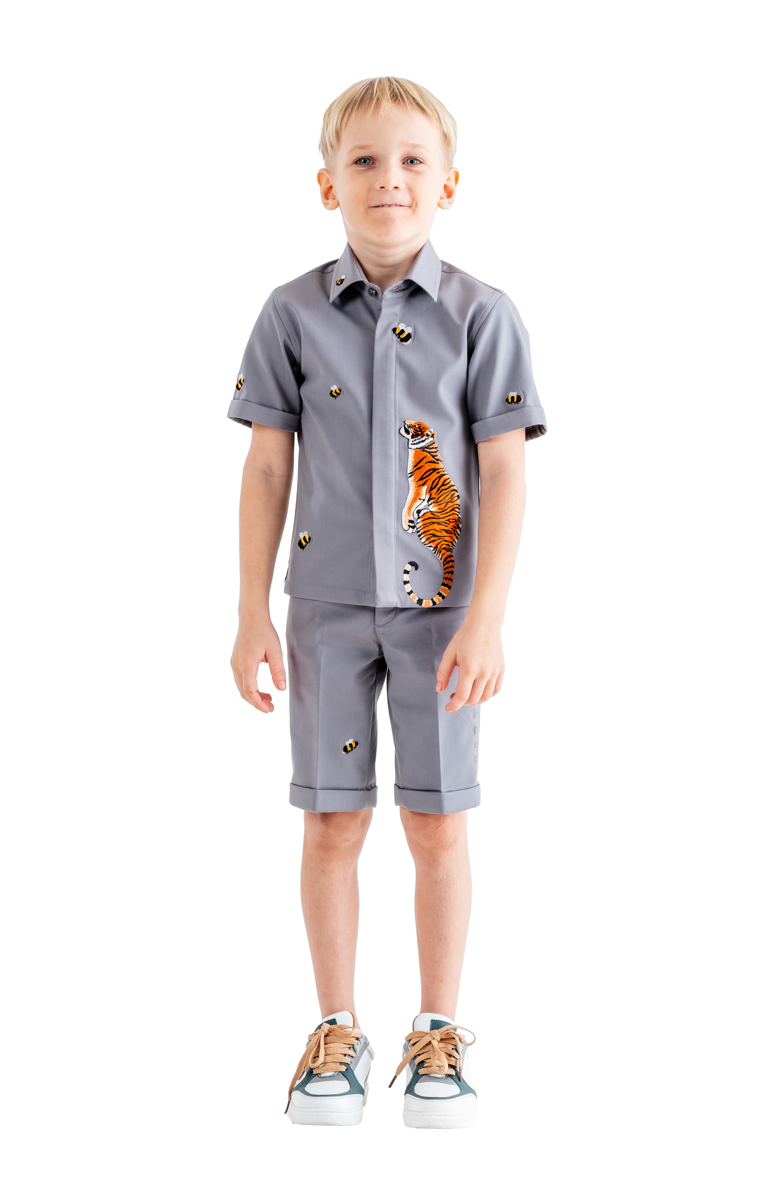 Rhyme Kids - Boys' Pebble Grey short-sleeve shirt and shorts set with tiger print from Rhyme by Rupamani.
