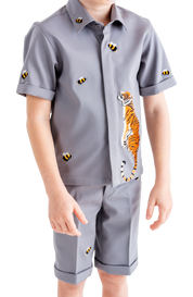 Rhyme Kids - Pebble grey boys' short-sleeve shirt and shorts set with tiger and bee prints, Rhyme by Rupamani.