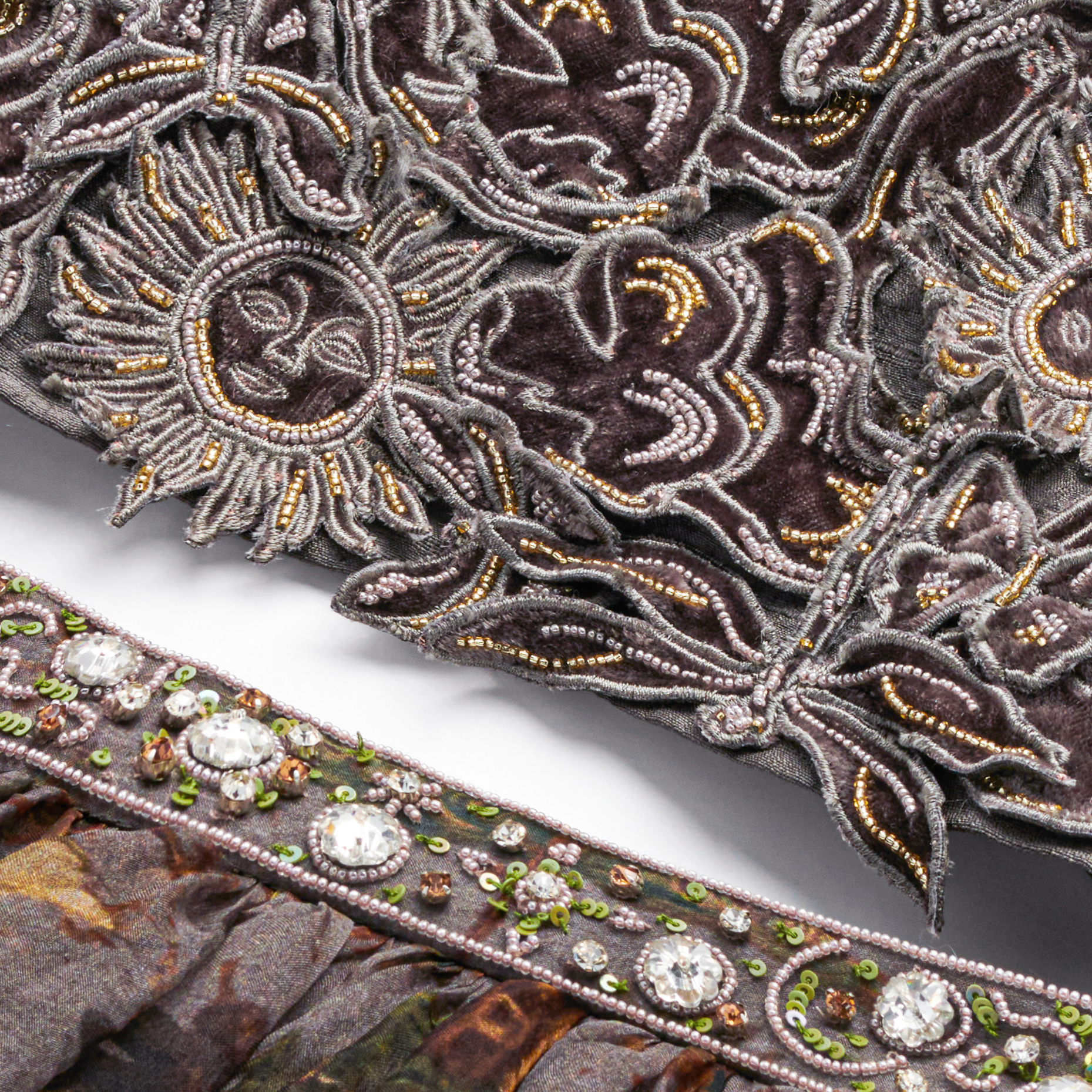 Bianca girls set detail — hand-embroidered celestial motifs on dove grey velvet bodice