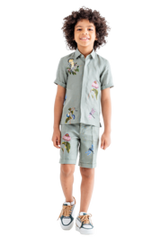 Rhyme Kids - Boys moss green linen twin set with floral embroidery by Rhyme by Rupamani.