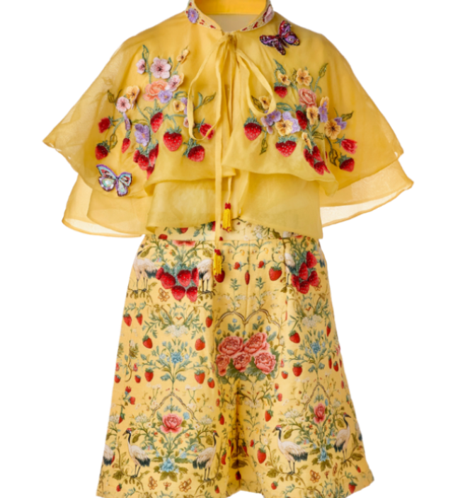 Cyprus three-piece girls ensemble with embroidered cropped top, botanical shorts and sheer cape — Botanical Bloom by Rhyme Kids