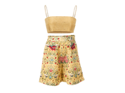 Cyprus girls set front view — botanical print shorts with embroidered crop top and cape