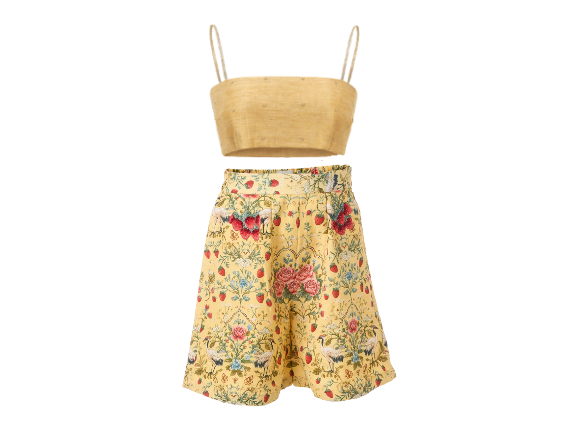 Cyprus girls set front view — botanical print shorts with embroidered crop top and cape