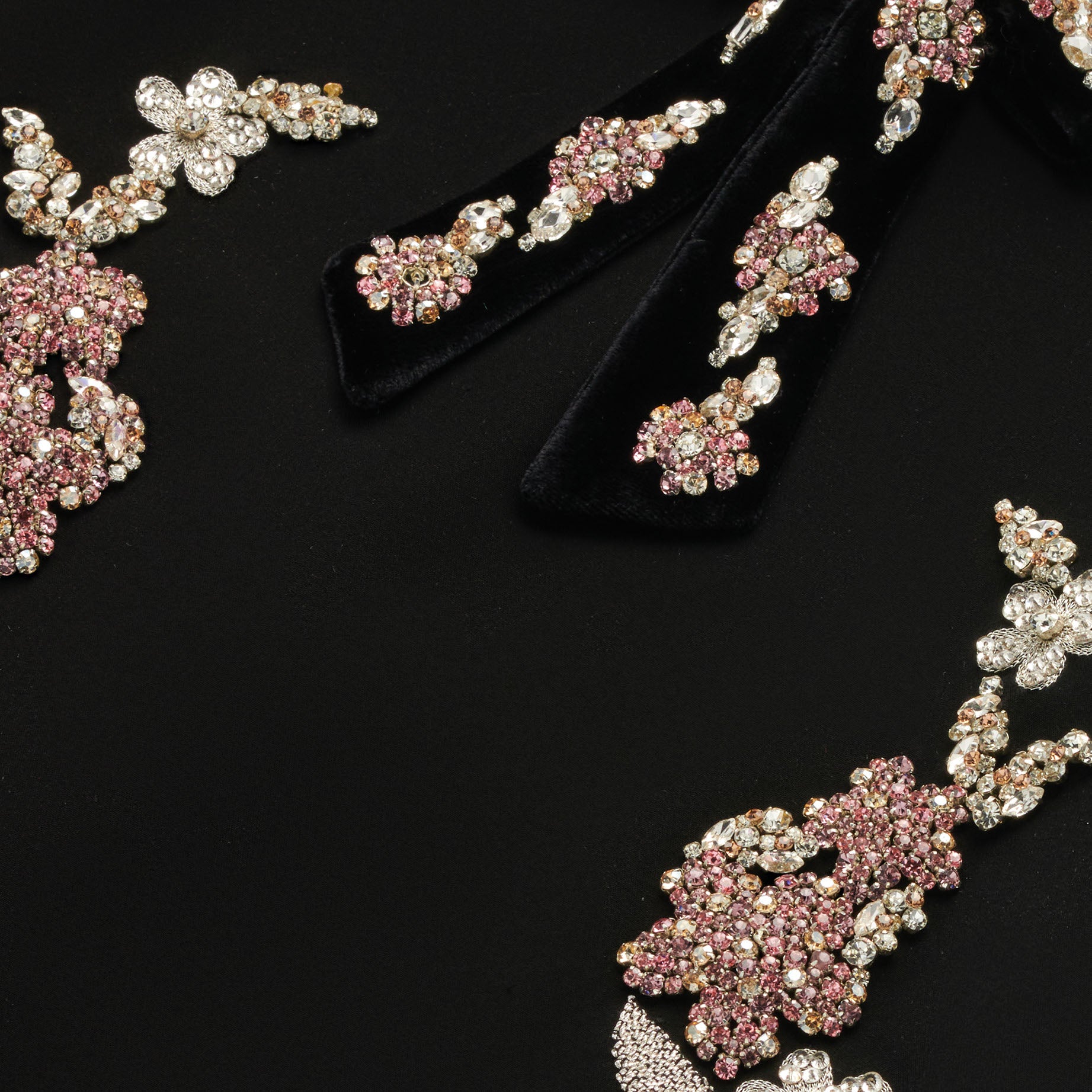 Dune girls dress detail — hand-embroidered silver crystal floral pattern on matte crepe