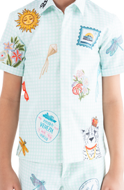 Rhyme Kids - Light blue checkered boys' shirt with colorful embroidered patches, Rhyme by Rupamani.