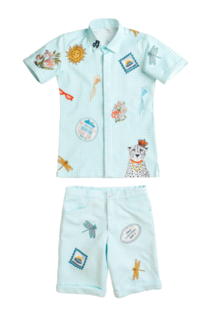 Rhyme Kids - Boys’ Robin Blue short-sleeve shirt and shorts twin set with colorful playful prints, Rhyme by Rupamani.