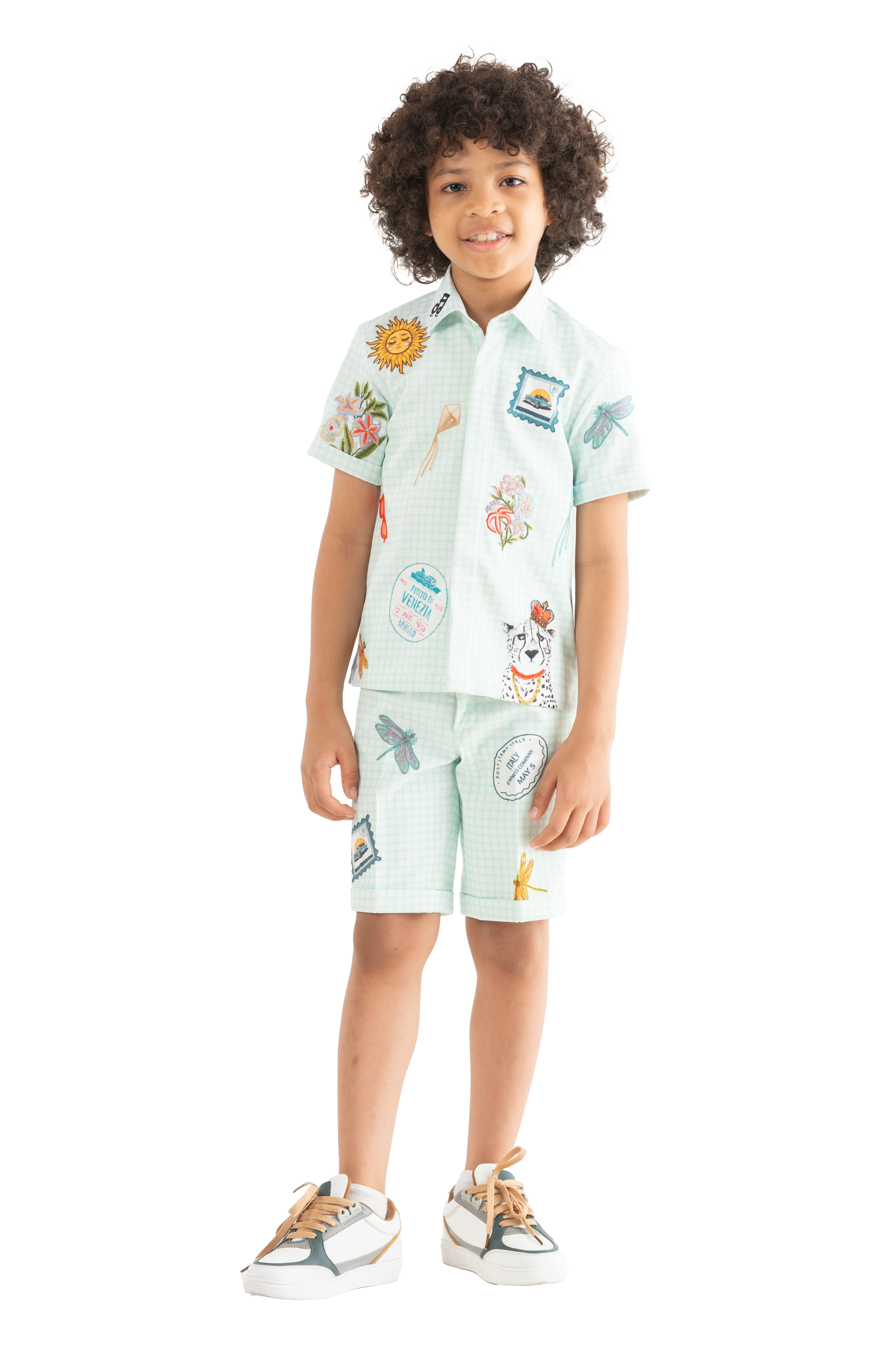 Rhyme Kids - Light blue boys' twin set with playful colorful prints, short sleeves and shorts, Rhyme by Rupamani.