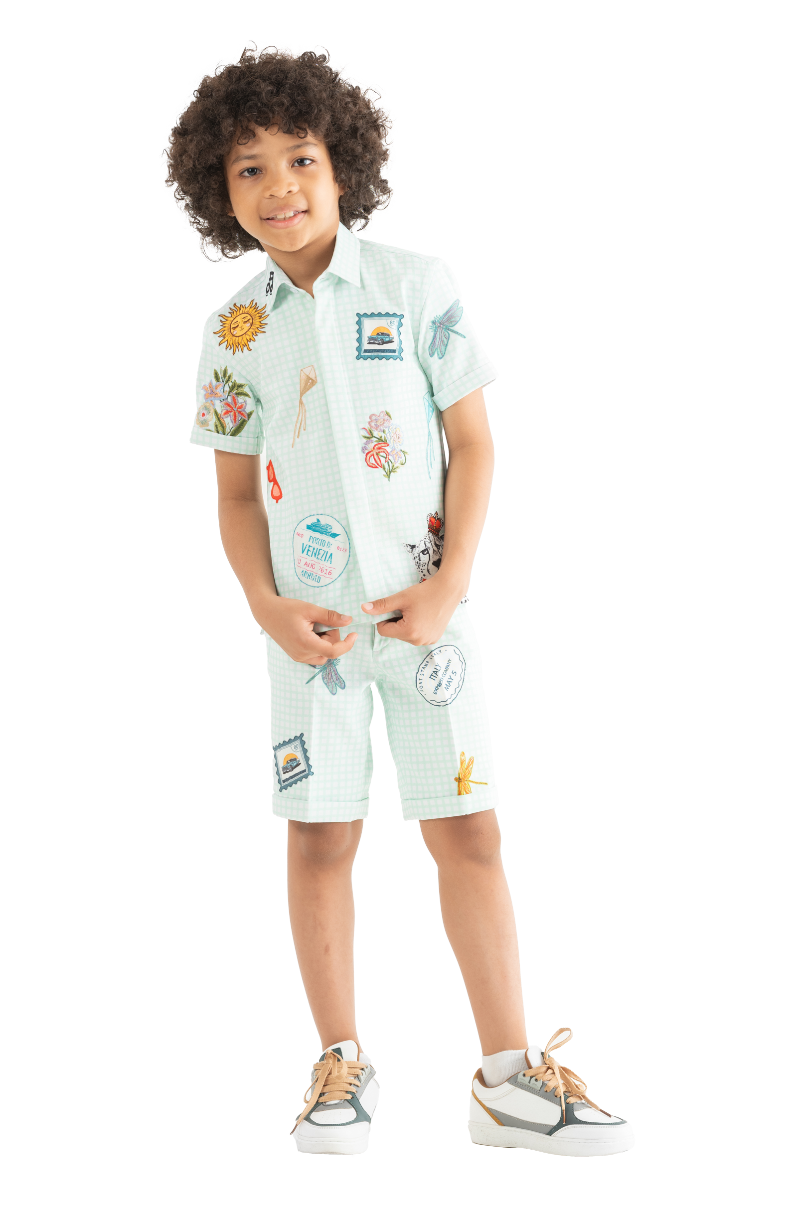 Rhyme Kids - Boys Robin Blue short-sleeve shirt and shorts set with colorful prints by Rhyme by Rupamani.