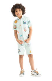 Rhyme Kids - Boys Robin Blue short-sleeve shirt and shorts set with colorful prints by Rhyme by Rupamani.
