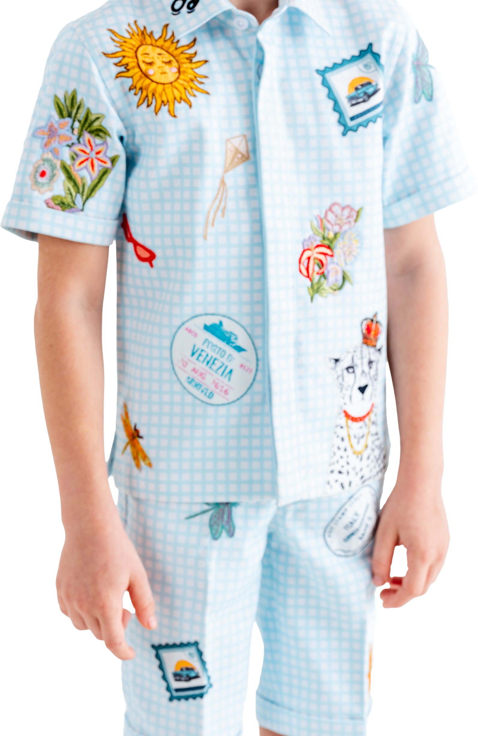 Rhyme Kids - Boys' Rhyme by Rupamani Felix twin set in robin blue with sun, flower, and animal patches on shirt and shorts.