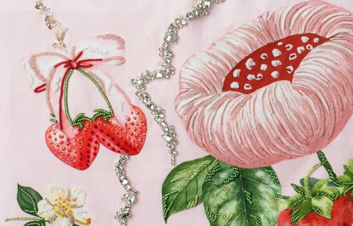 Fraise girls dress detail — hand-beaded crystal strawberry and floral embroidery