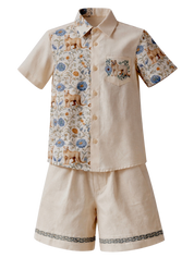 Hunter boys linen set detail — beaded sleeve accents and embroidered trim shorts