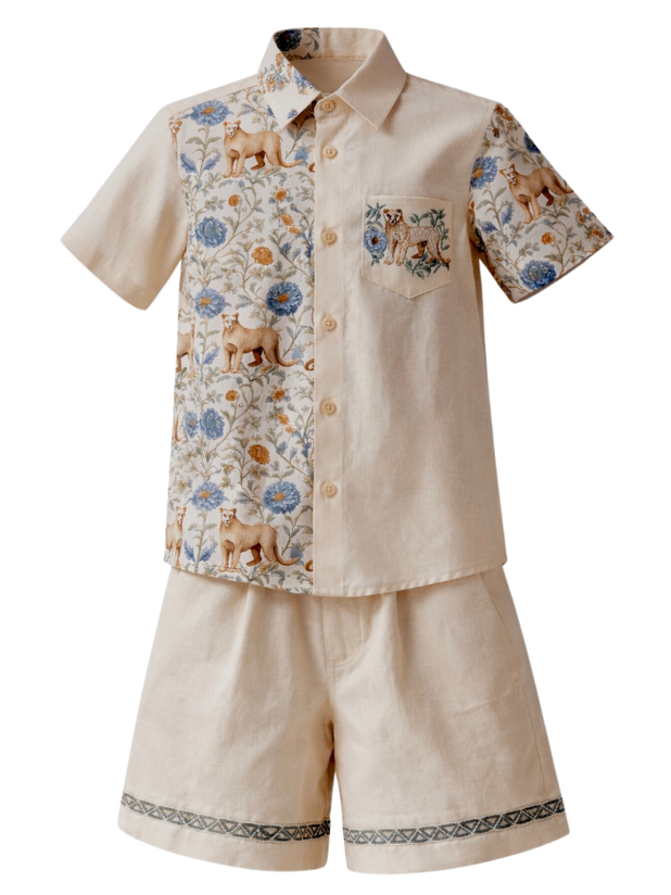 Hunter boys linen set detail — beaded sleeve accents and embroidered trim shorts