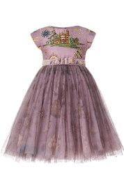 Isabella dusty lavender vintage mansion print pure silk girls dress with hand-embroidered dragonflies and tulle layers — Château Mystique by Rhyme Kids