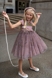 Isabella dusty lavender silk dress lifestyle photo — luxury children's occasion wear by Rhyme Kids