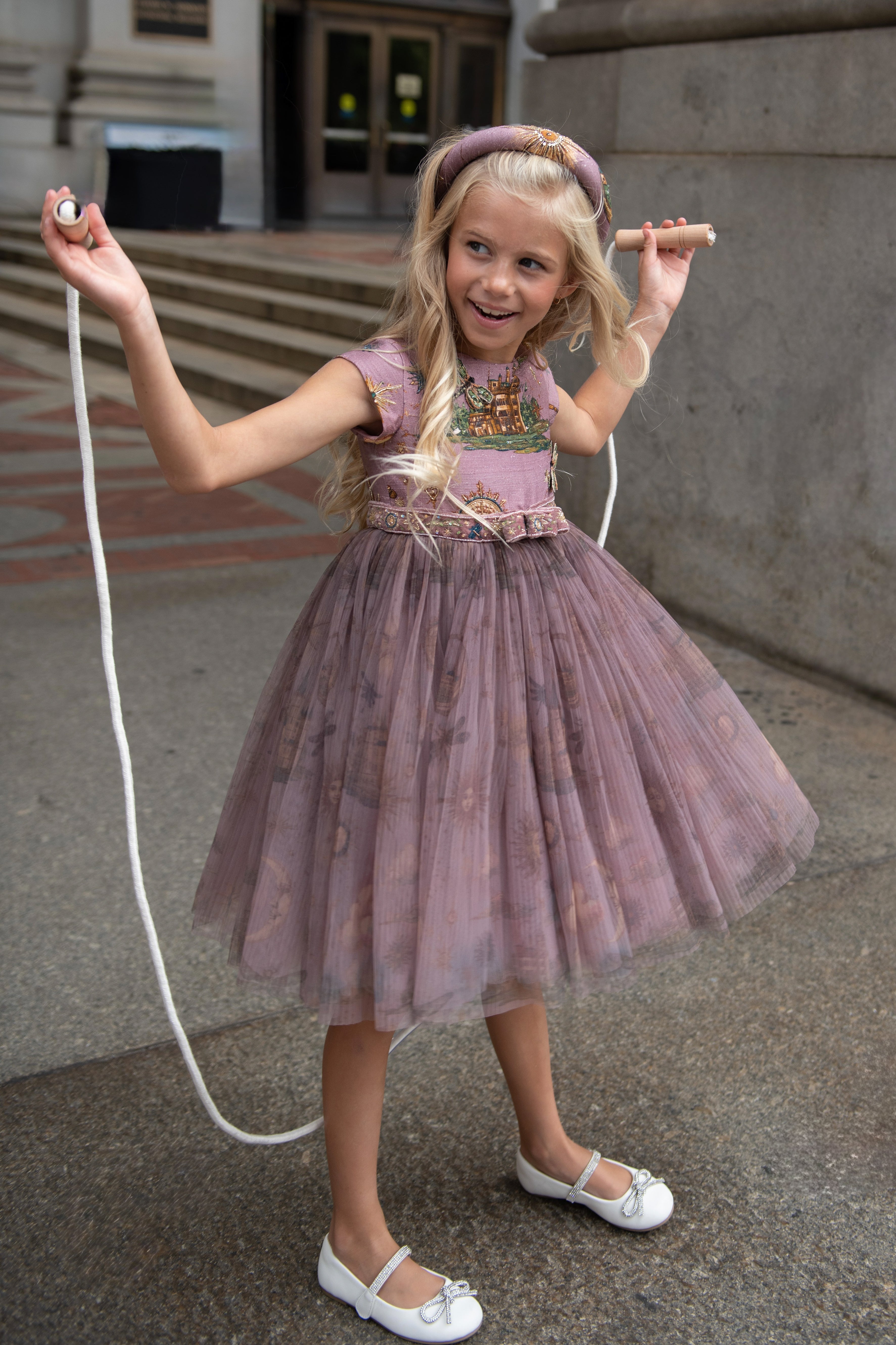 Isabella dusty lavender silk dress lifestyle photo — luxury children's occasion wear by Rhyme Kids