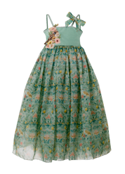 Meadow raw silk girls occasion dress with floral appliqué bodice and botanical print skirt — Botanical Bloom by Rhyme Kids