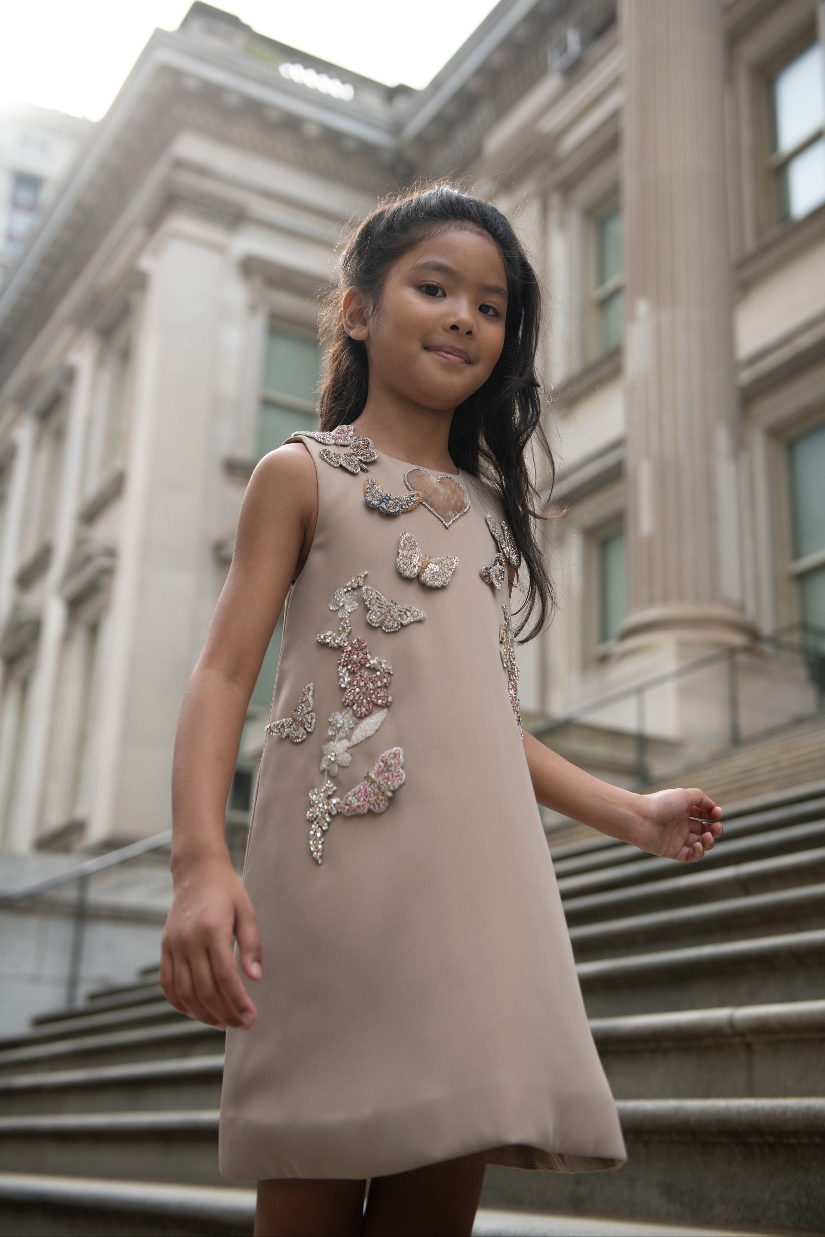 Piera girls crepe dress lifestyle photo — luxury children's festive wear by Rhyme Kids