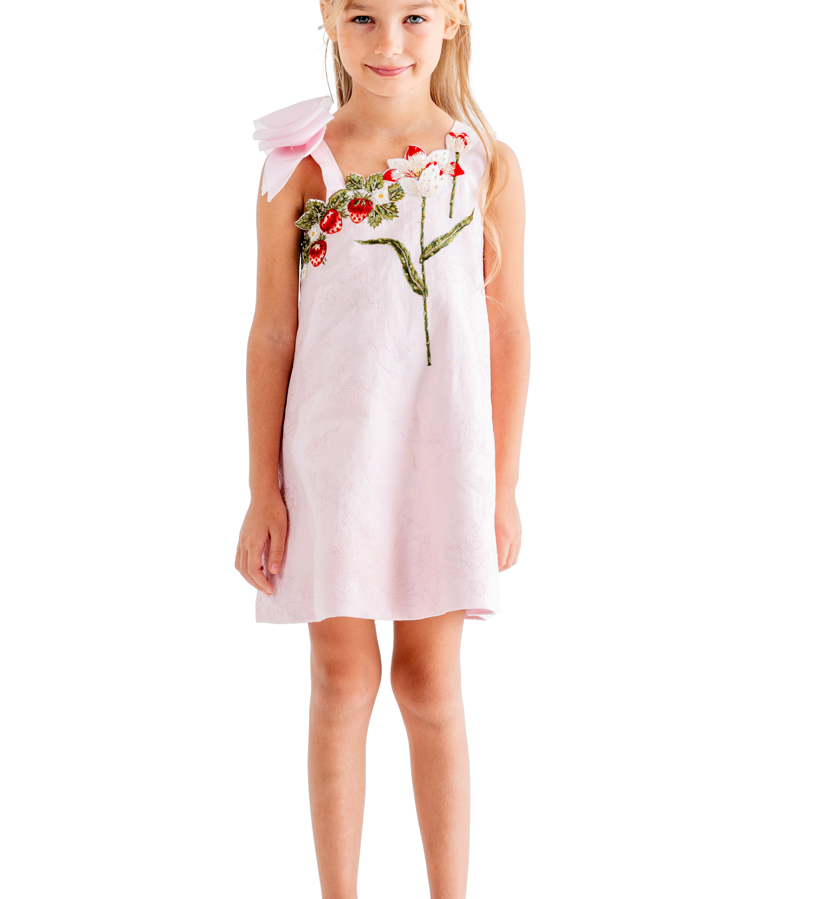 Rhyme Kids - Pink sleeveless girls dress with floral embroidery and bow shoulder detail by Rhyme by Rupamani.