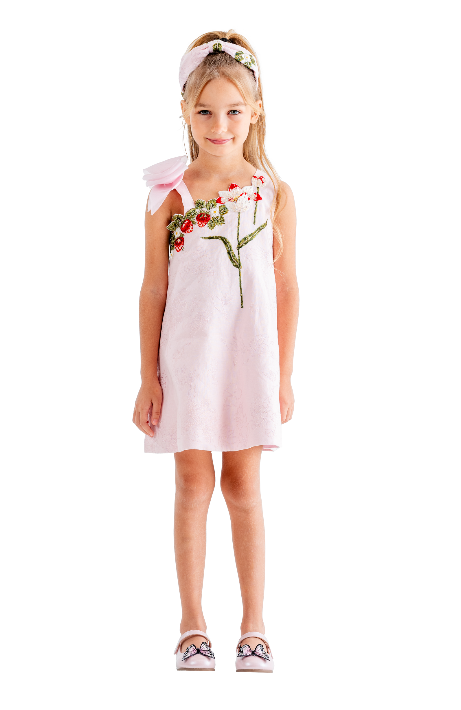 Rhyme Kids - Pink sleeveless girls dress with floral embroidery and bow shoulder detail by Rhyme by Rupamani.