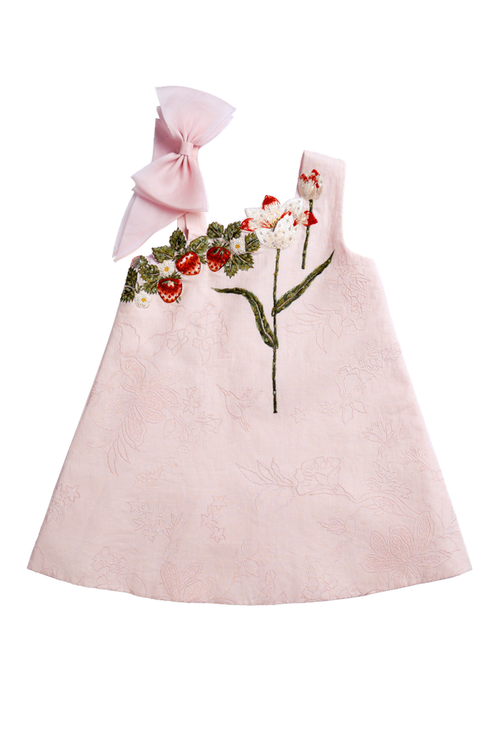 Rhyme Kids - Pink sleeveless girls dress with floral embroidery and matching headband by Rhyme by Rupamani.
