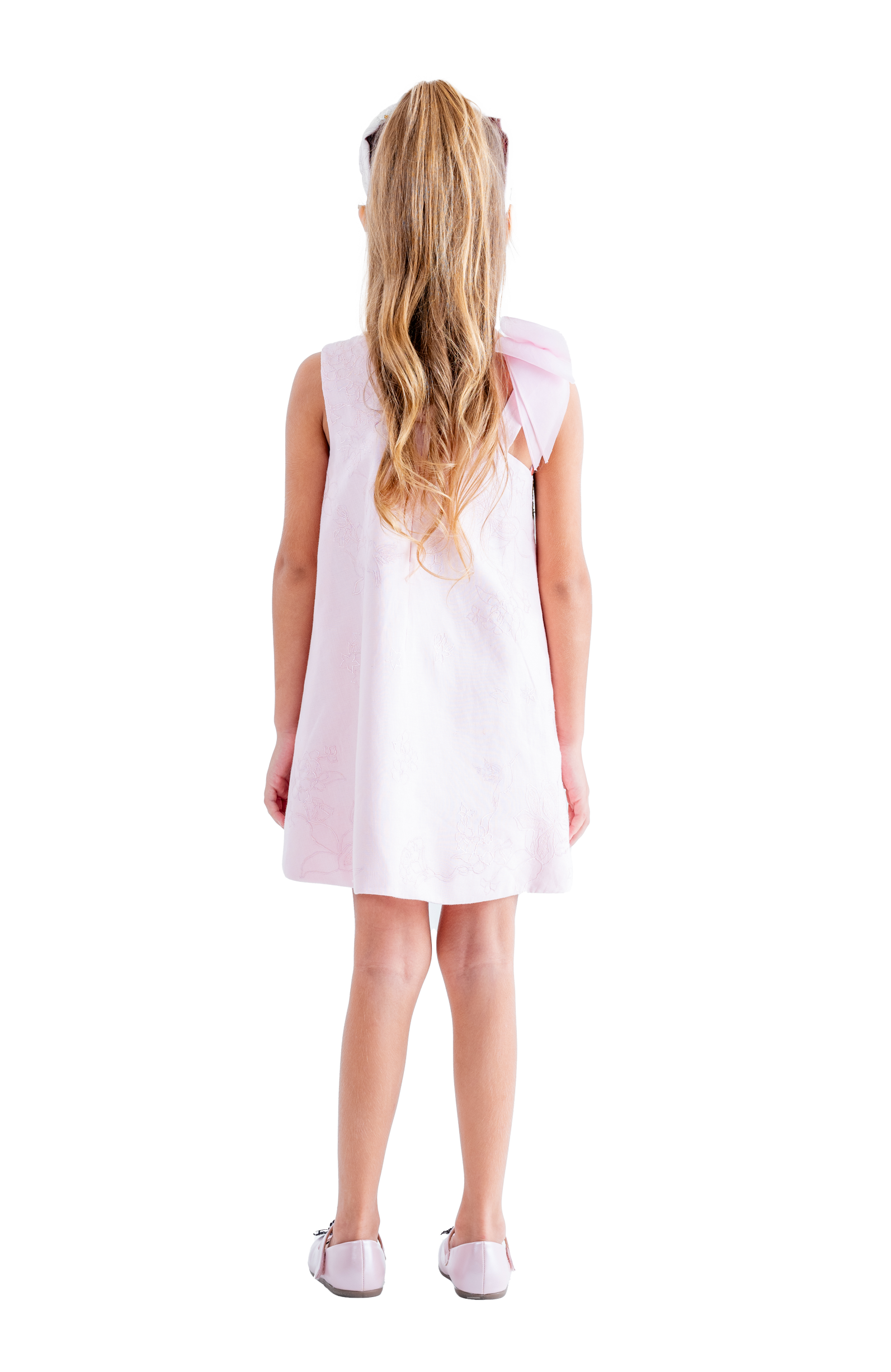 Rhyme Kids - Girl wearing a pastel pink sleeveless dress with ruffle shoulder detail by Rhyme by Rupamani.
