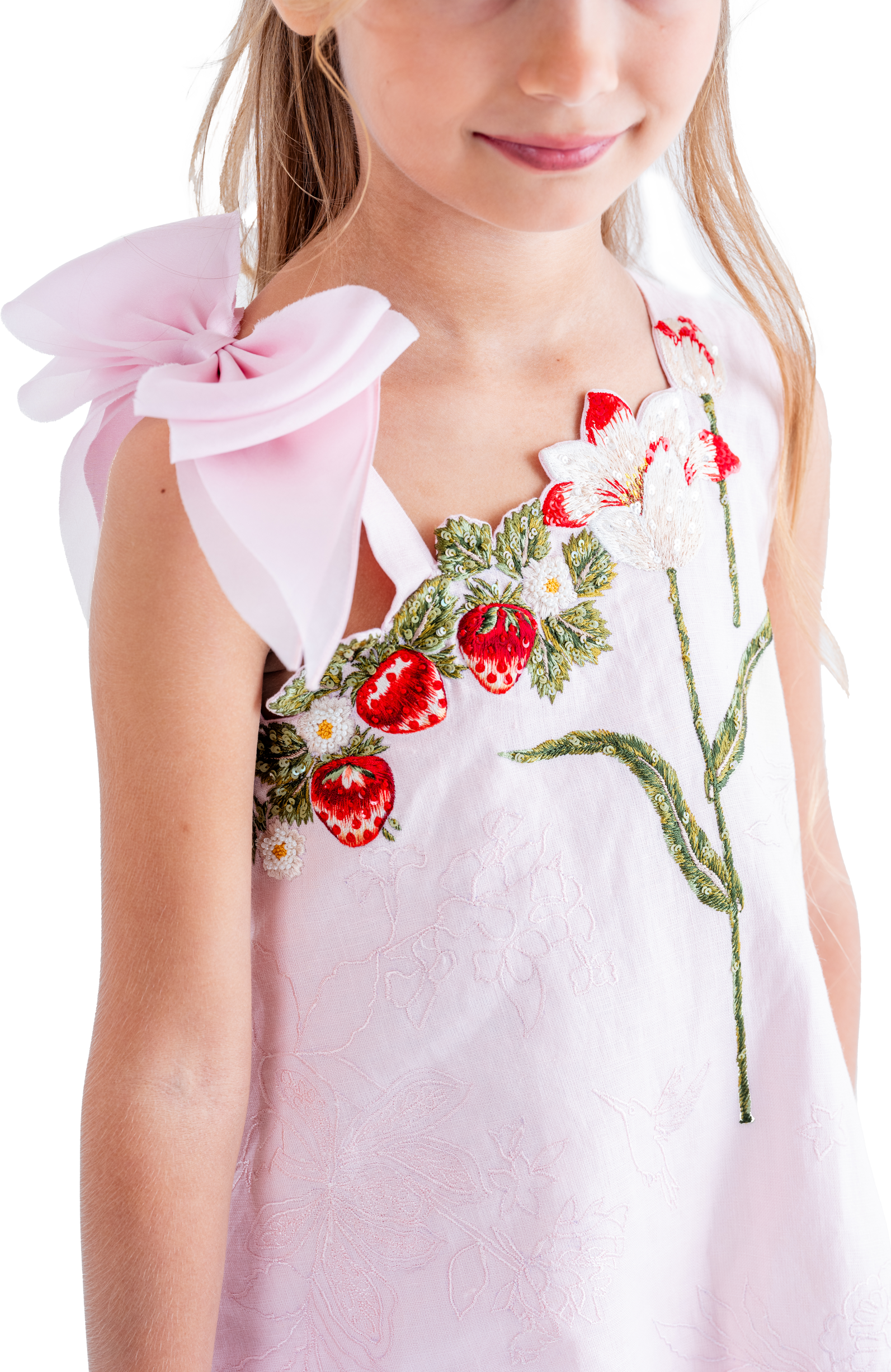 Rhyme Kids - White sleeveless girls dress with cherry blossom embroidery and large pink bow shoulder detail, Rhyme by Rupamani.
