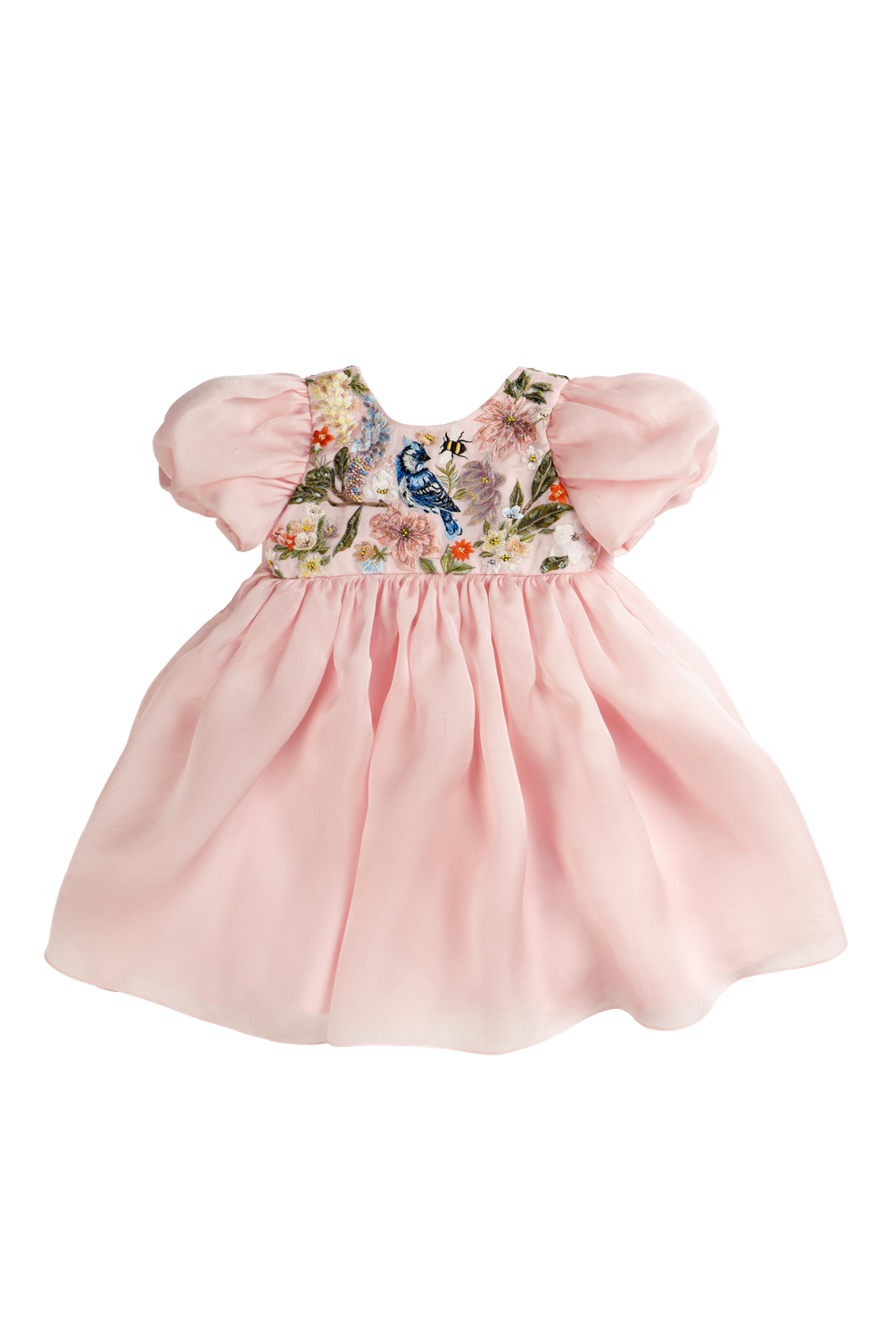 Rhyme Kids - Pink toddler dress with puff sleeves and embroidered floral and peacock design by Rhyme by Rupamani.