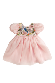 Rhyme Kids - Pink toddler dress with puff sleeves and embroidered floral and peacock design by Rhyme by Rupamani.