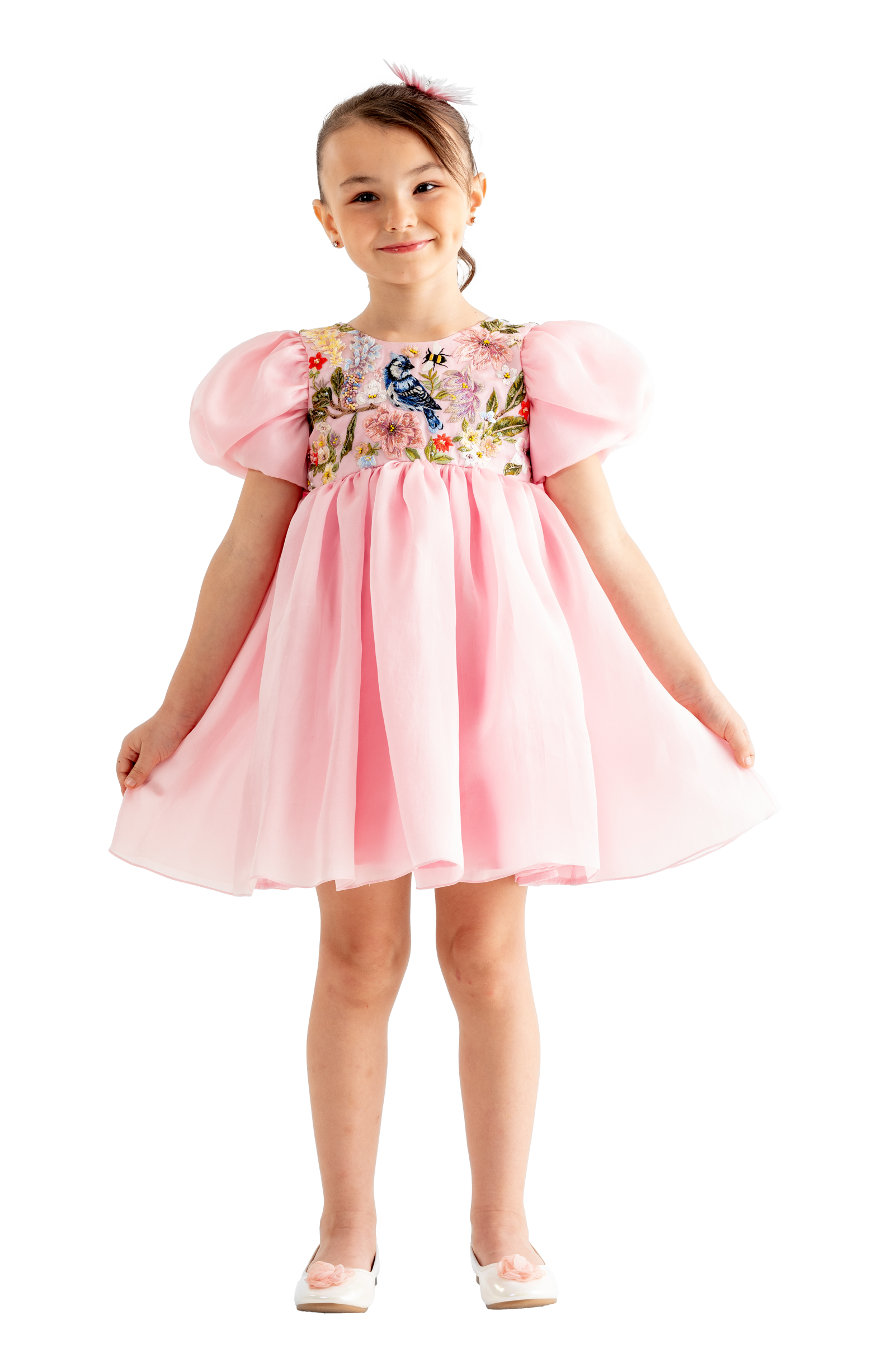 Rhyme Kids - Pink tulle puff-sleeve dress with embroidered floral bodice from Rhyme by Rupamani.
