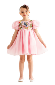 Rhyme Kids - Pink tulle puff-sleeve dress with embroidered floral bodice from Rhyme by Rupamani.