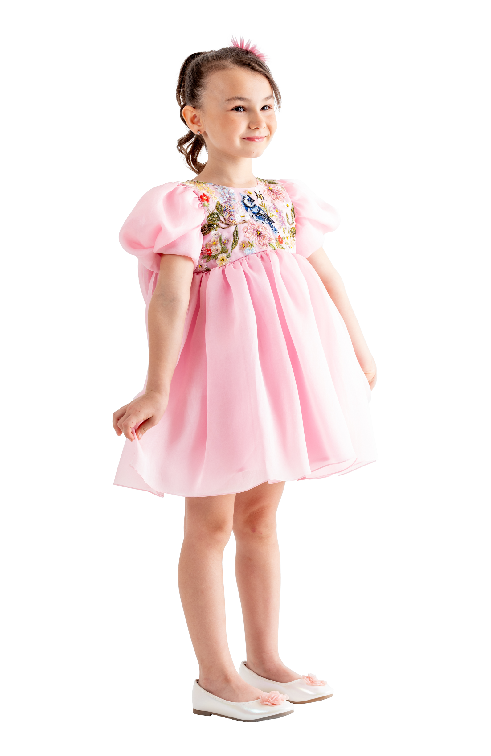Rhyme Kids - Pink puff-sleeve dress with floral embroidery bodice, worn by girl, Rhyme by Rupamani.