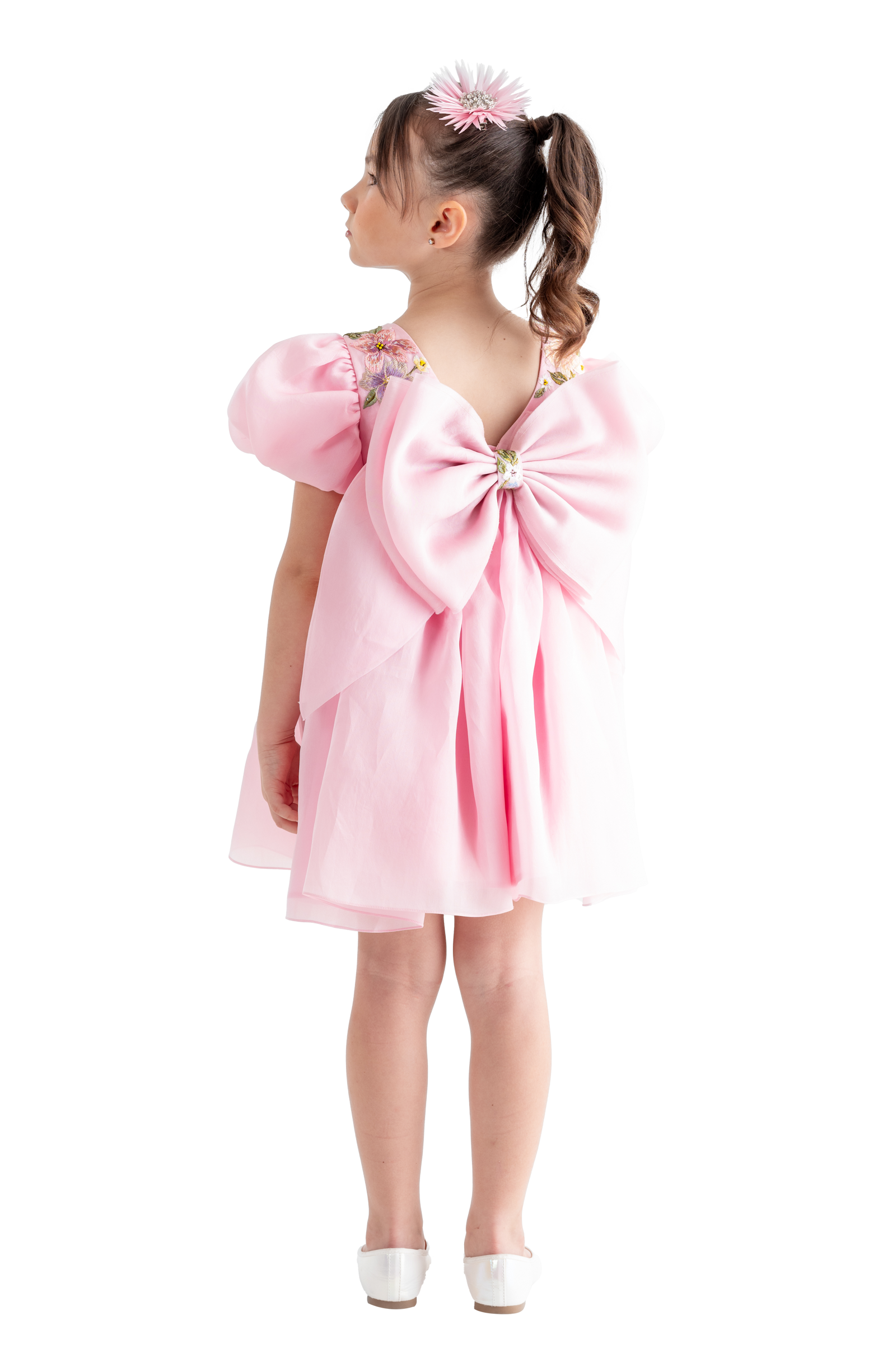 Rhyme Kids - Pink dress with oversized back bow and puffed sleeves by Rhyme by Rupamani.