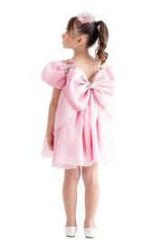 Rhyme Kids - Pink dress with oversized back bow and puffed sleeves by Rhyme by Rupamani.