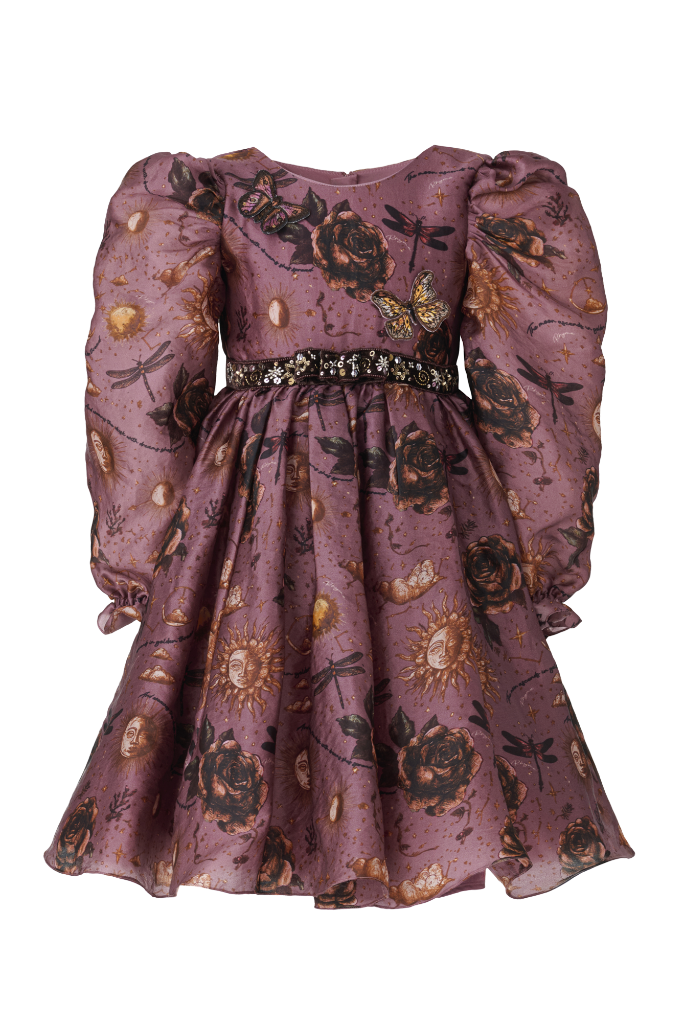 Riley mauve pink silk organza girls dress with vintage rose, sun and star print and hand-embroidered belt — Château Mystique by Rhyme Kids