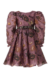 Riley mauve pink silk organza girls dress with vintage rose, sun and star print and hand-embroidered belt — Château Mystique by Rhyme Kids