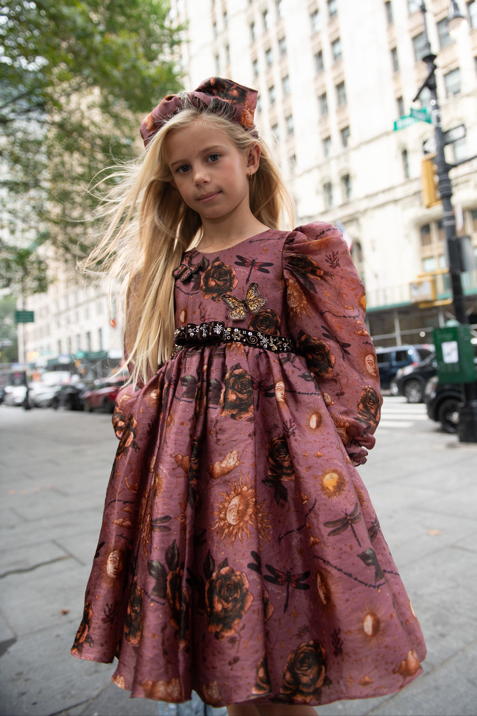 Riley girls silk dress lifestyle photo — luxury children's occasion wear by Rhyme Kids