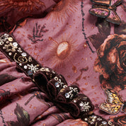 Riley silk organza dress detail — hand-embroidered waist belt with floral flared skirt