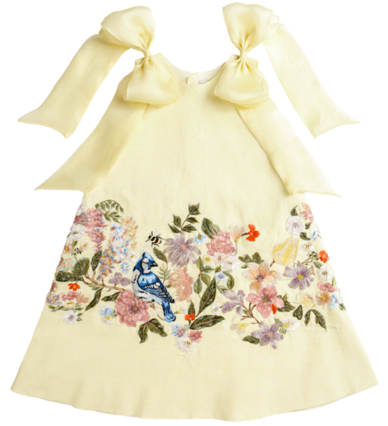 Rocca sorbet yellow pure linen A-line girls dress with wildflower embroidery and silk organza bow — Rhyme Kids