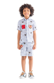 Rhyme Kids - Boys' Rhyme by Rupamani Roman twin set with patterned light blue shirt and matching shorts.