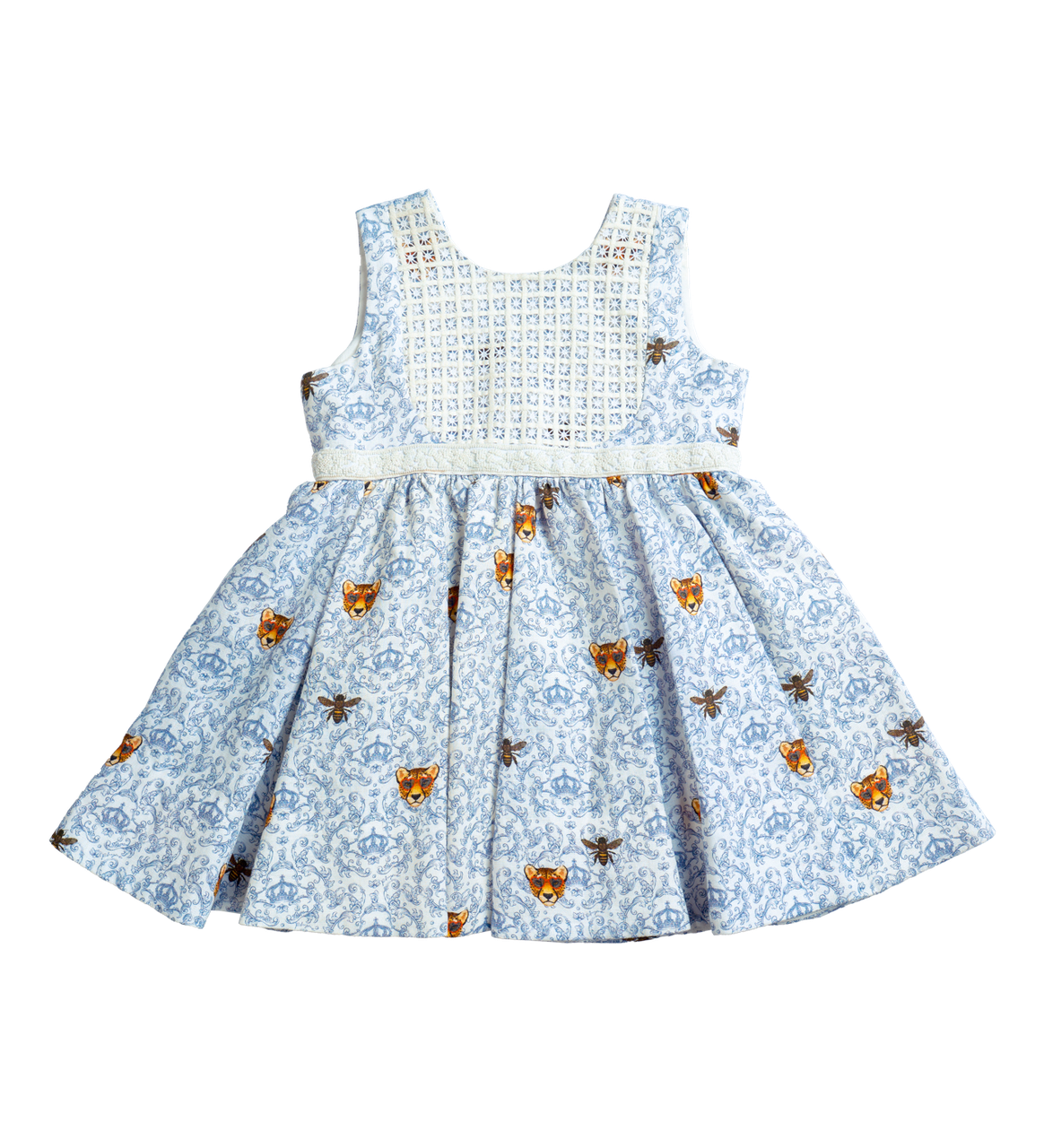 Rhyme Kids - Girls sleeveless blue and white floral dress with smocked bodice by Rhyme by Rupamani.