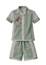 Sage hand-embroidered linen boys set with botanical half-panel shirt and floral embroidery shorts — Botanical Bloom by Rhyme Kids