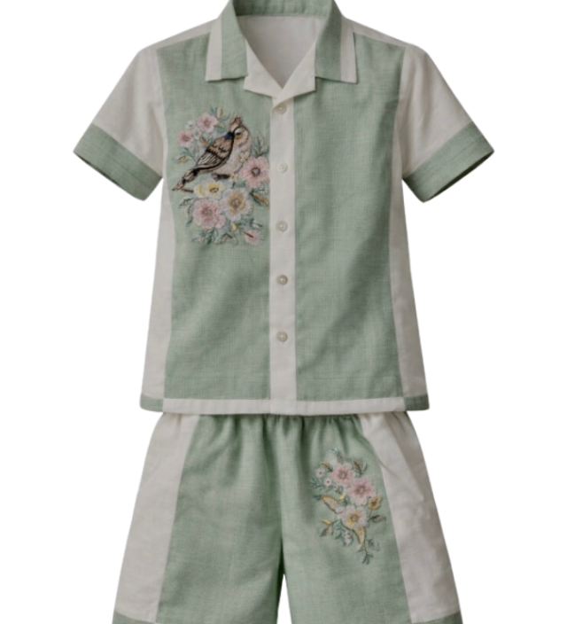 Sage hand-embroidered linen boys set with botanical half-panel shirt and floral embroidery shorts — Botanical Bloom by Rhyme Kids