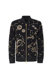 Storm hand-embroidered velvet boys bomber jacket with stars, planets and dragonfly accents — Château Mystique by Rhyme Kids