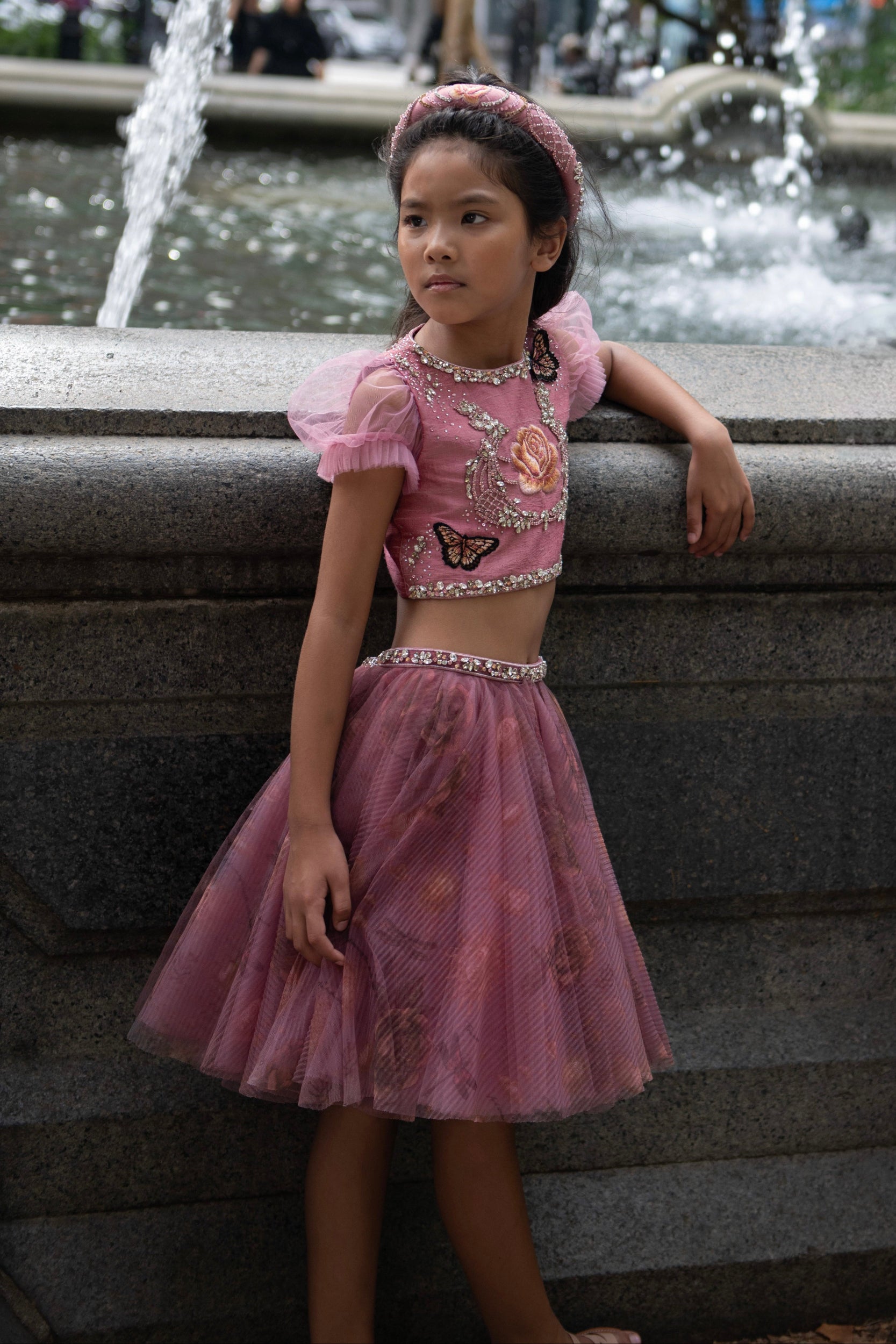 Valerie girls silk set lifestyle photo — luxury children's festive wear by Rhyme Kids