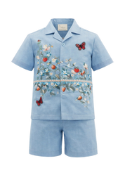 Aster soft blue botanical print linen boys set with embroidered strawberry and butterfly accents — Botanical Bloom by Rhyme Kids